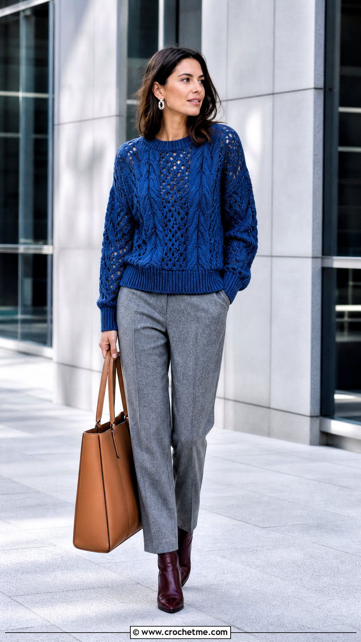 Cable Lace Crochet Sweater With Wool Trousers - 35 crochet lace sweater outfit ideas