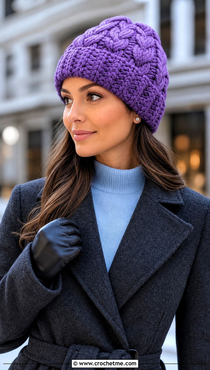 Cable Look Blanket Yarn Crochet Beanie With Sweater Dress - 15 blanket yarn crochet beanie outfit ideas
