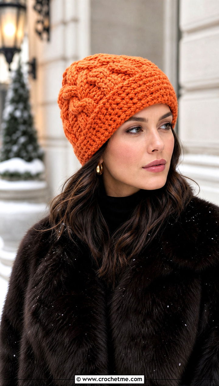Cable Look Bulky Crochet Beanie With Faux Fur Coat - 30 bulky crochet beanie outfit ideas