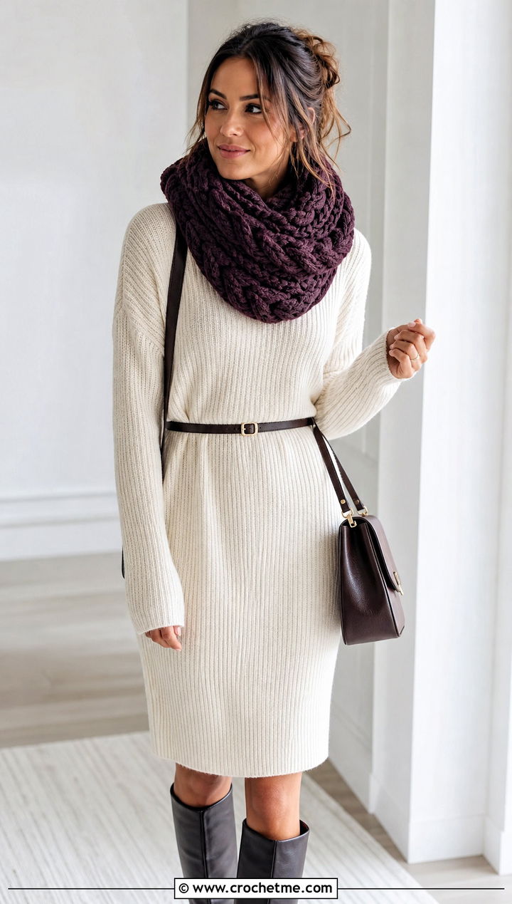 Cable Look Bulky Crochet Cowl With Sweater Dress - 20 Bulky Crochet Cowl outfit ideas