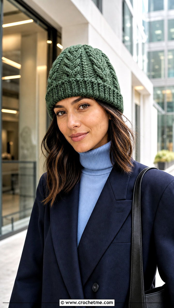 Cable Look Chunky Beanie With Blazer - 35 crochet chunky beanie outfit ideas