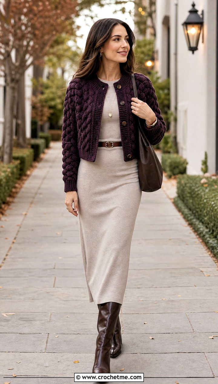 Cable Look Chunky Cropped Cardigan With Maxi Dress - 15 Crochet Chunky Cropped Cardigan outfit ideas