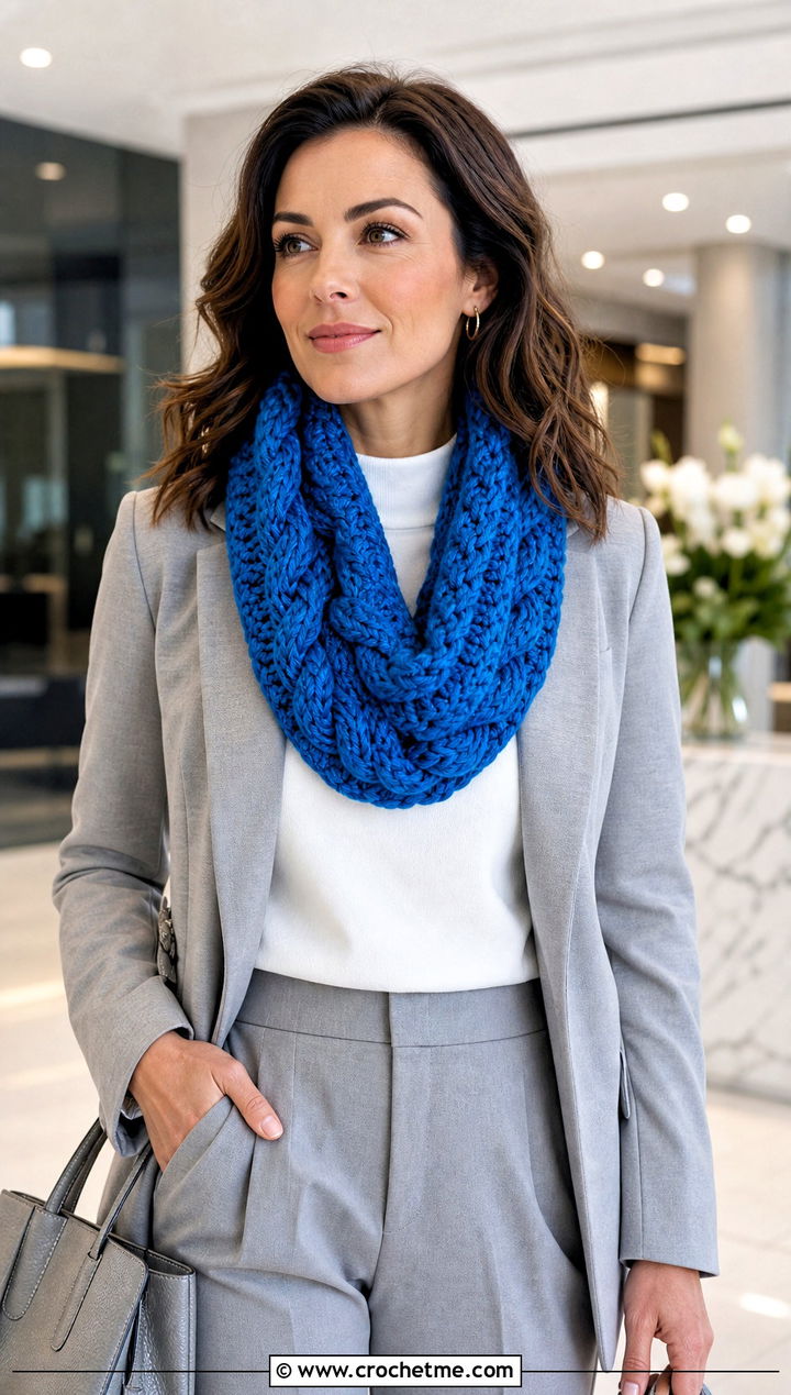 Cable Look Chunky Yarn Crochet Cowl With Tailored Suit - 25 Chunky Yarn Crochet Cowl outfit ideas