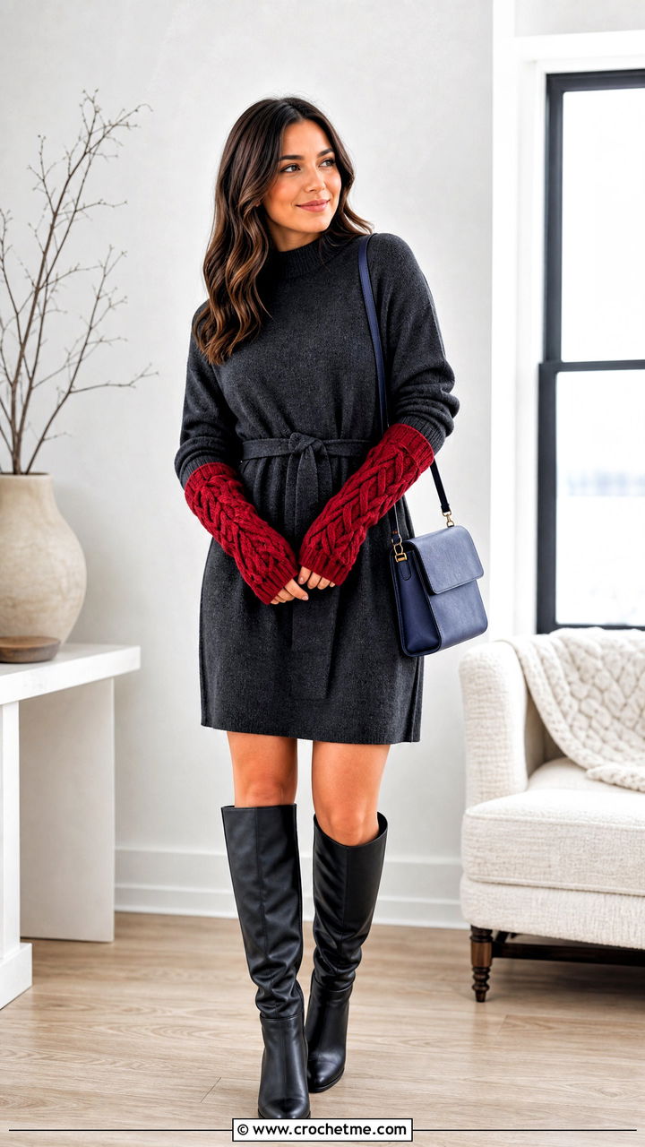Cable Look Crochet Arm Warmers With Sweater Dress - 35 crochet arm warmers outfit ideas