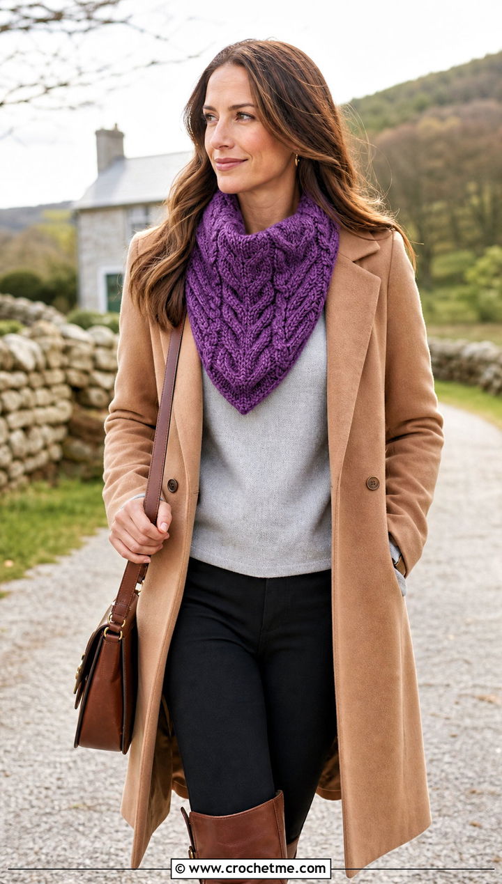 Cable Look Crochet Bandana Cowl With Riding Boots - 30 crochet bandana cowl outfit ideas