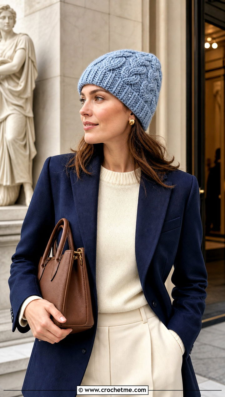 Cable Look Crochet Beanie With Blazer - 15 Easy Crochet Projects Beanie outfit ideas