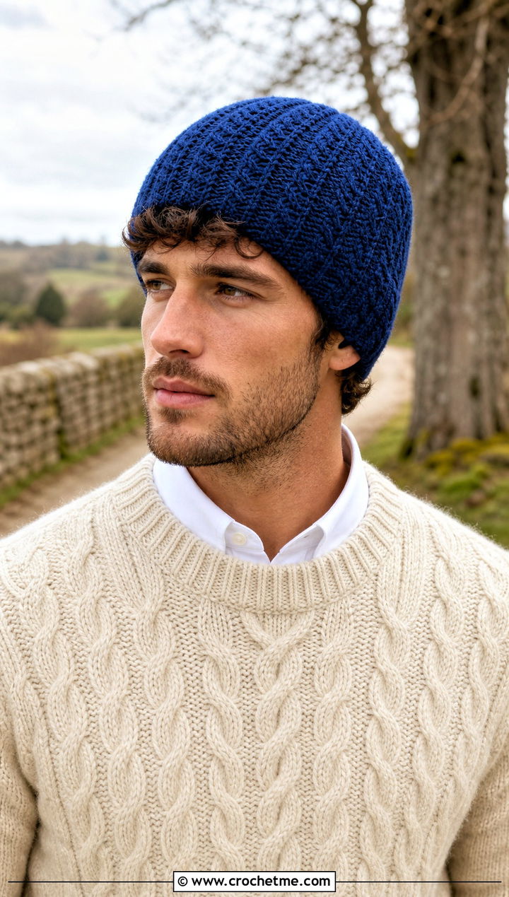 Cable Look Crochet Beanie With Cable Sweater - 25 Easy Mens Crochet Beanie outfit ideas