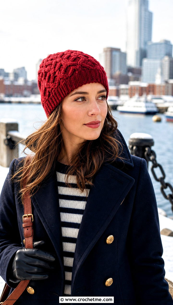 Cable Look Crochet Beanie With Peacoat - 30 winter crochet beanie outfit ideas