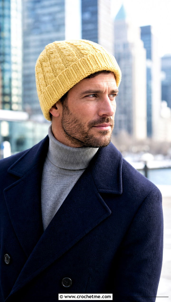 Cable Look Crochet Beanie With Peacoat - 25 mens winter crochet hats outfit ideas