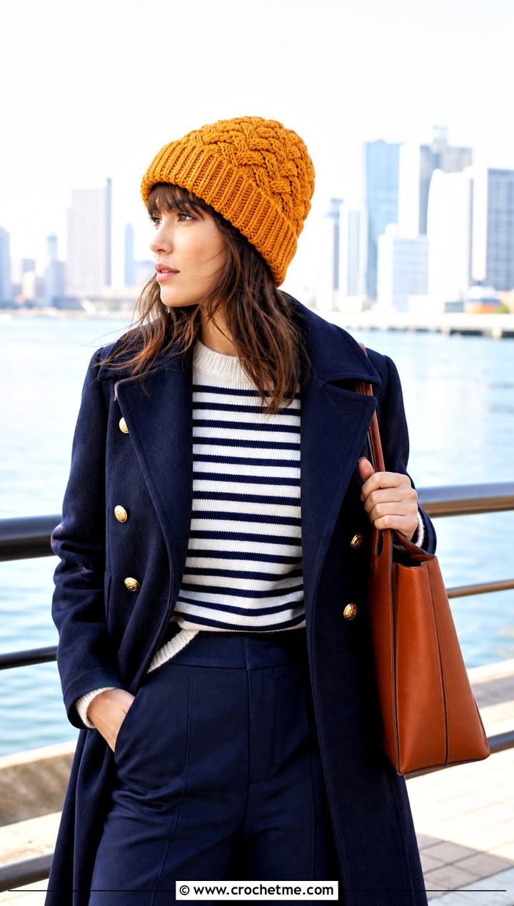 Cable Look Crochet Beanie With Peacoat - 25 Worsted Weight Yarn Crochet Hat outfit ideas