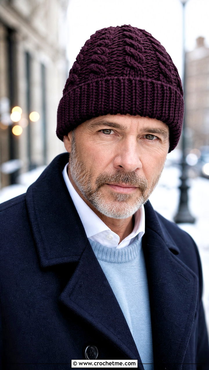 Cable Look Crochet Beanie With Peacoat And Corduroy Pants - 30 men's crochet hats outfit ideas