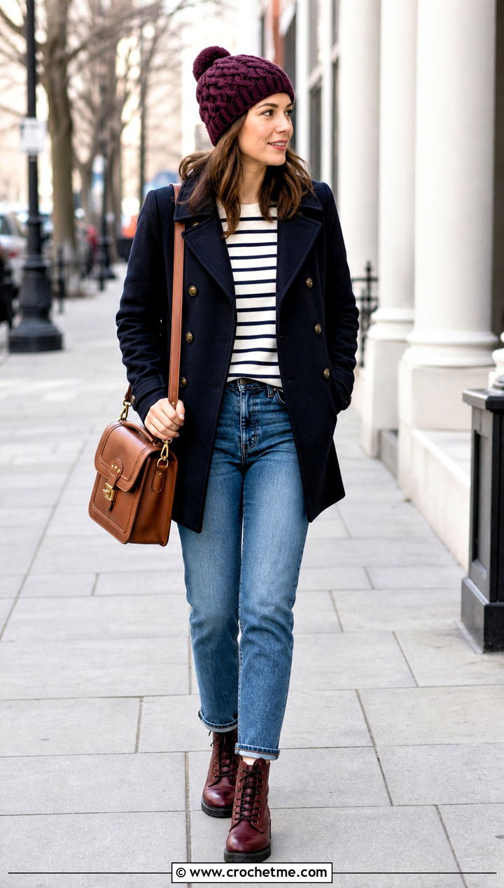 Cable Look Crochet Beanie With Peacoat And Straight Jeans - 35 simple crochet beanie outfit ideas