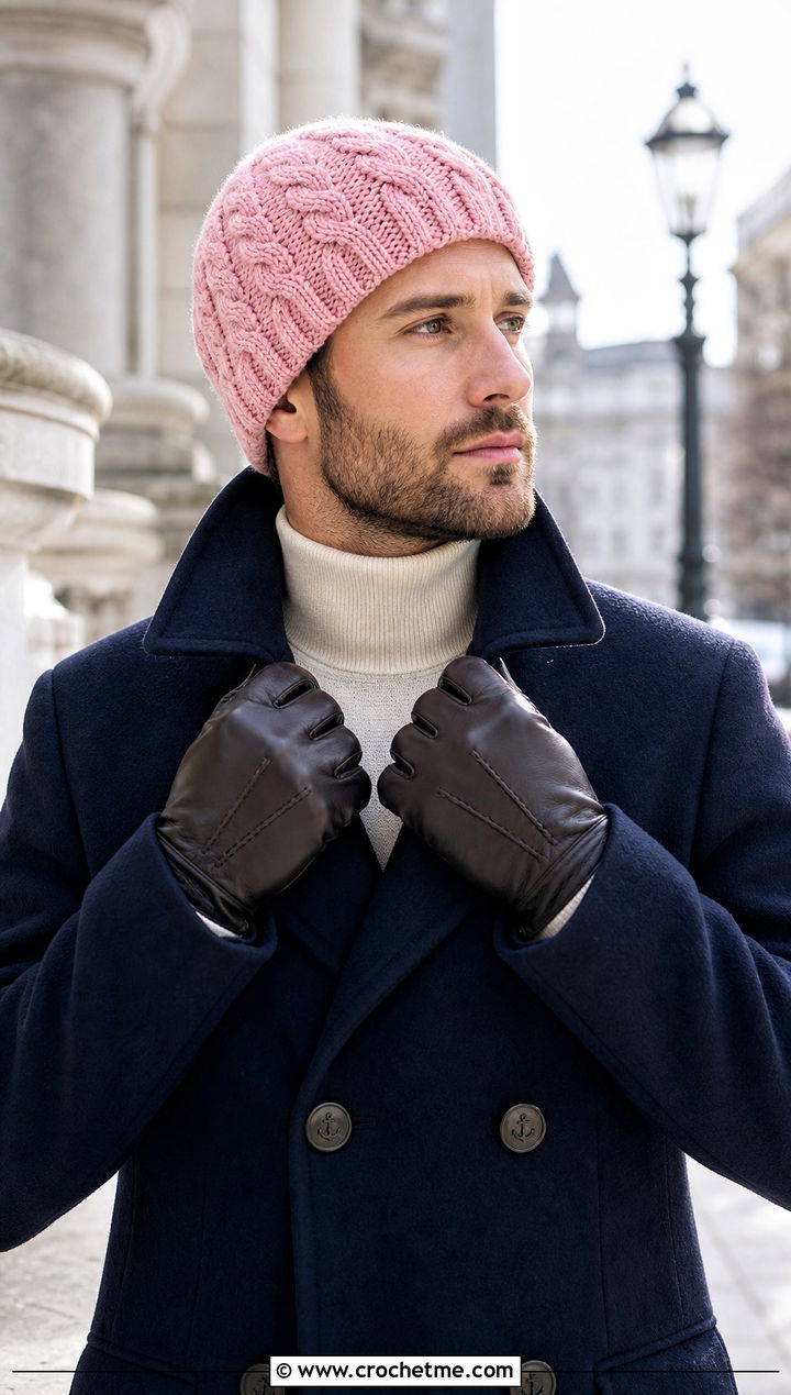 Cable Look Crochet Beanie With Peacoat - 30 crochet man beanie outfit ideas