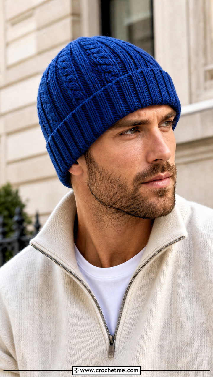 Cable Look Crochet Beanie With Quarter Zip Sweater - 30 mens crochet hats men's beanie outfit ideas