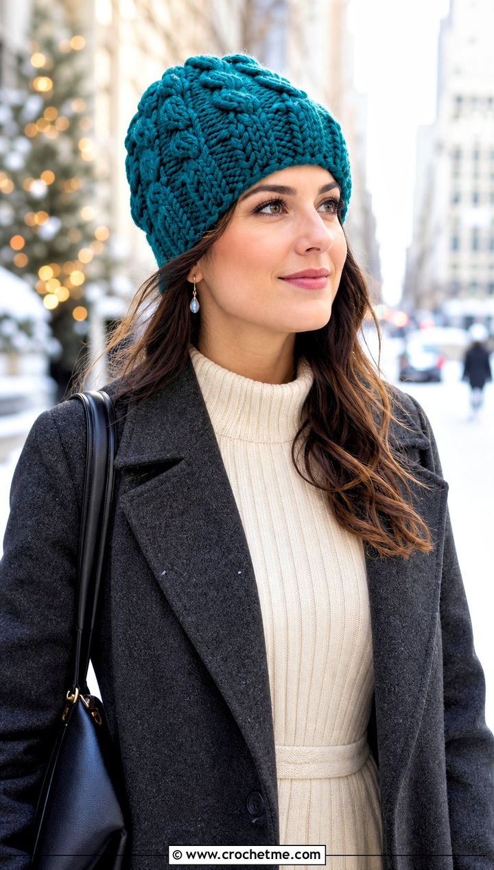 Cable Look Crochet Beanie With Sweater Dress - 30 Quick Crochet Beanie outfit ideas