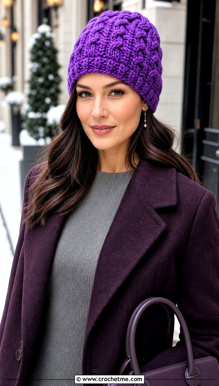 Cable Look Crochet Beanie With Sweater Dress - 30 knit look crochet beanie outfit ideas