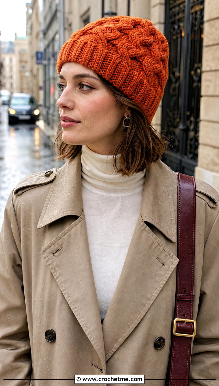 Cable Look Crochet Beanie With Trench Coat - 15 large crochet beanie outfit ideas