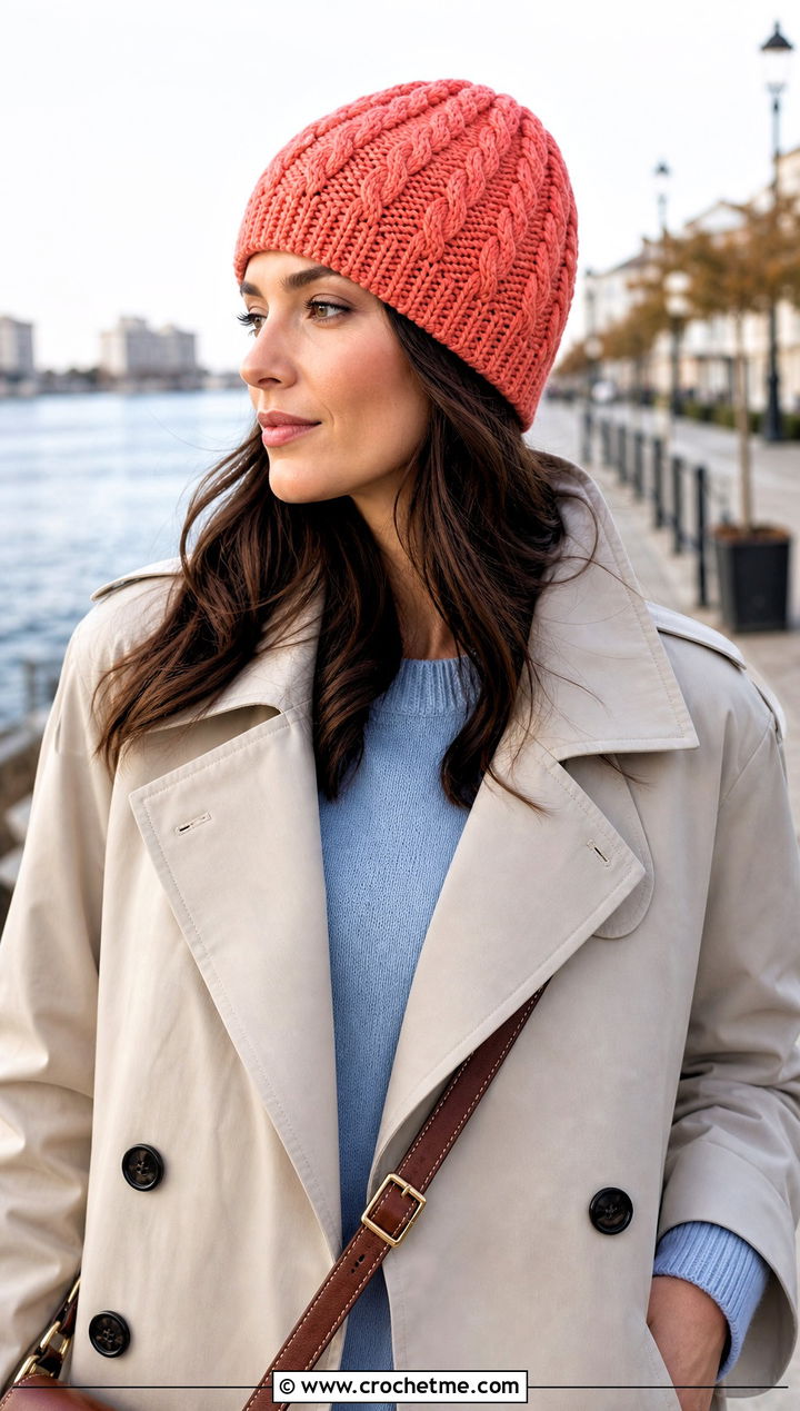 Cable Look Crochet Beanie With Trench Coat - 25 lakeside crochet beanie outfit ideas