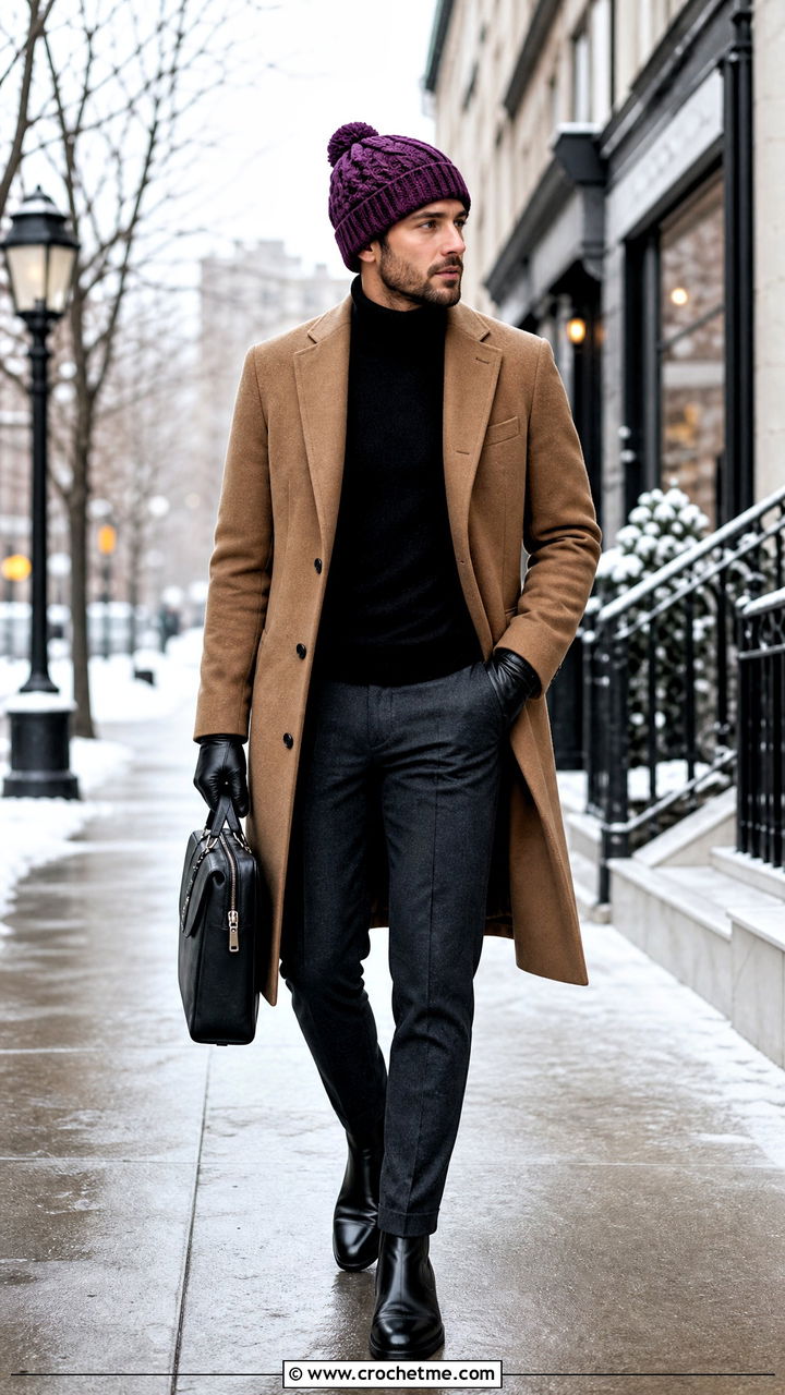 Cable Look Crochet Beanie With Turtleneck And Overcoat - 35 crochet beanie for men outfit ideas