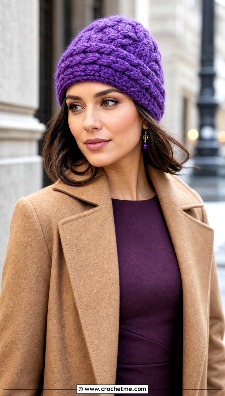 Cable Look Crochet Beanie With Wool Coat And Midi Dress - 30 crochet fall beanie outfit ideas