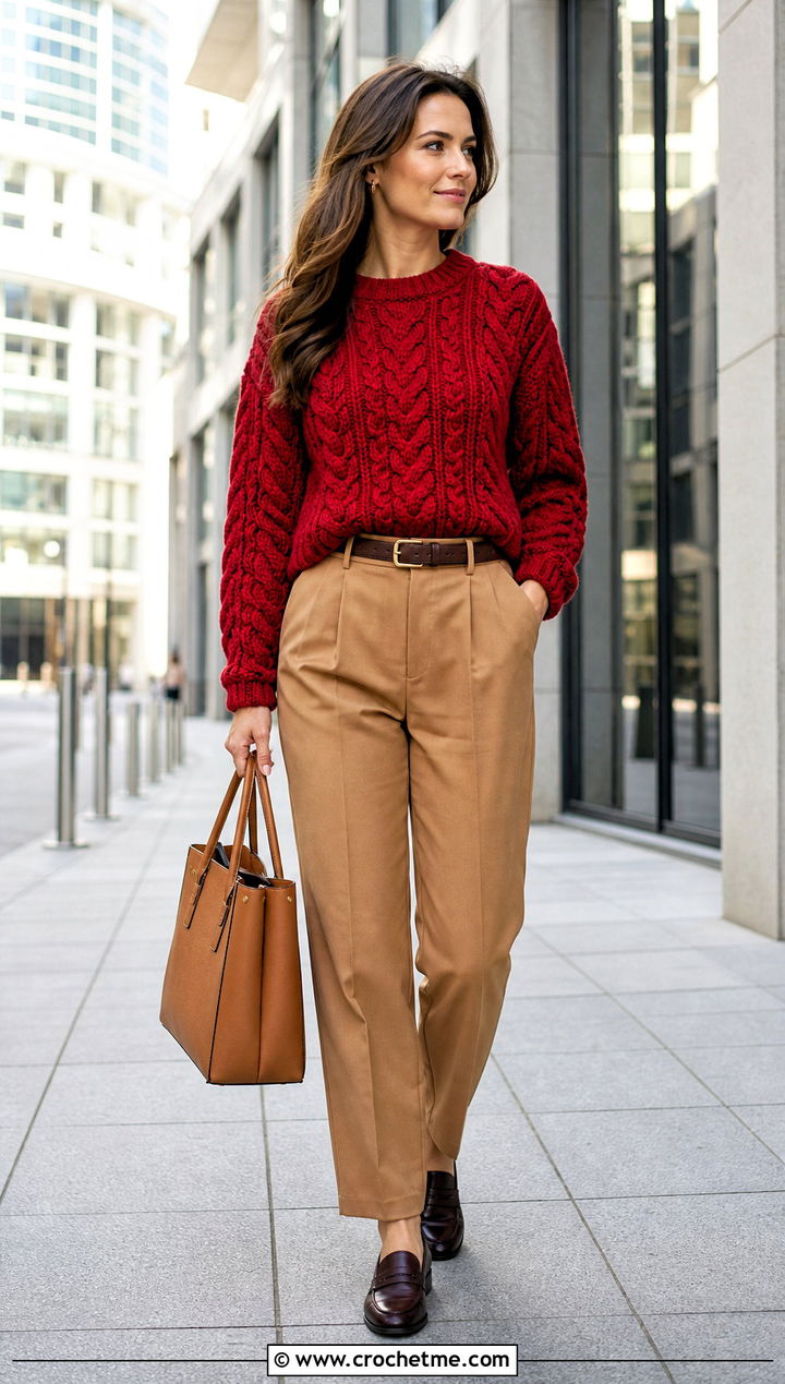 Cable Look Crochet Bulky Sweater With Pleated Trousers - 25 Crochet Bulky Sweater outfit ideas