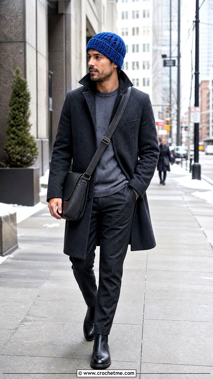 Cable Look Crochet Cap With Wool Coat - 35 crochet cap for men outfit ideas