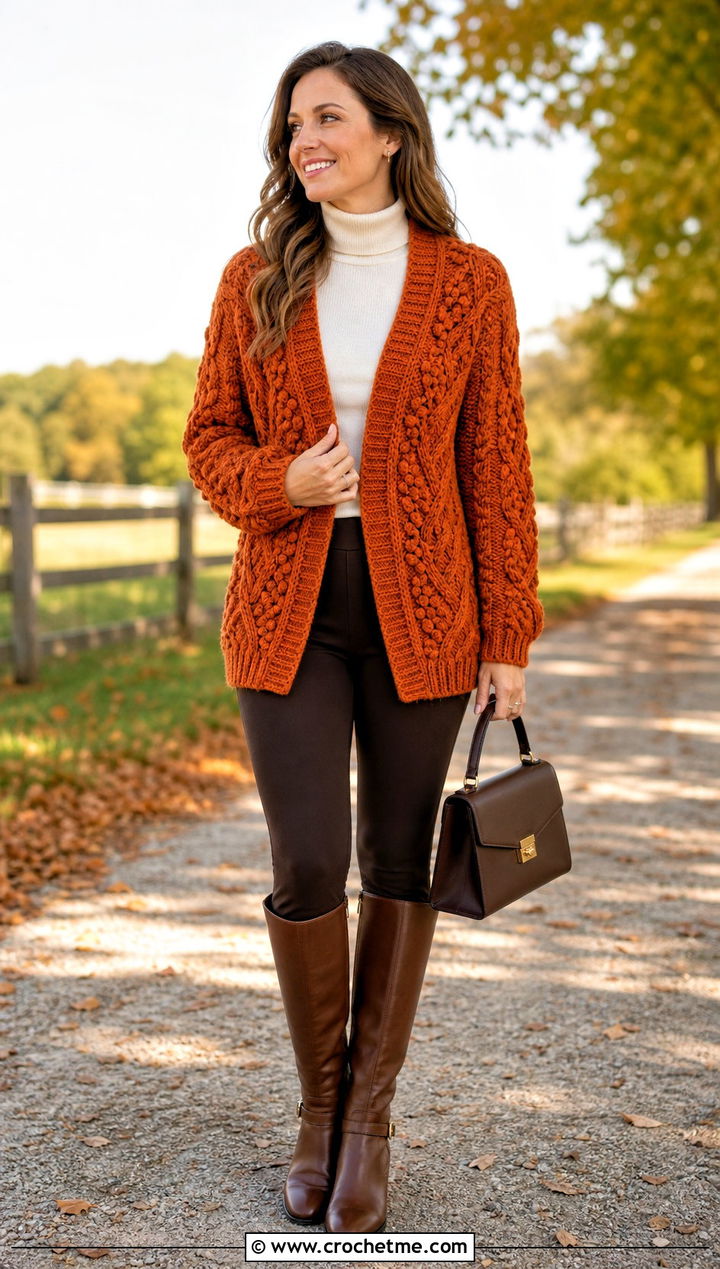 Cable Look Crochet Cardigan With Equestrian Leggings - 30 long crochet cardigan outfit ideas