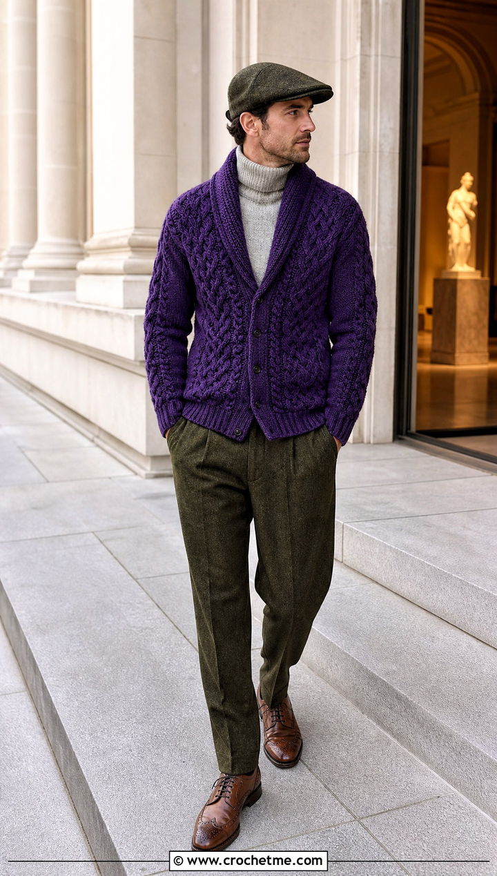 Cable Look Crochet Cardigan With Flannel Trousers - 35 mens crochet cardigan outfit ideas