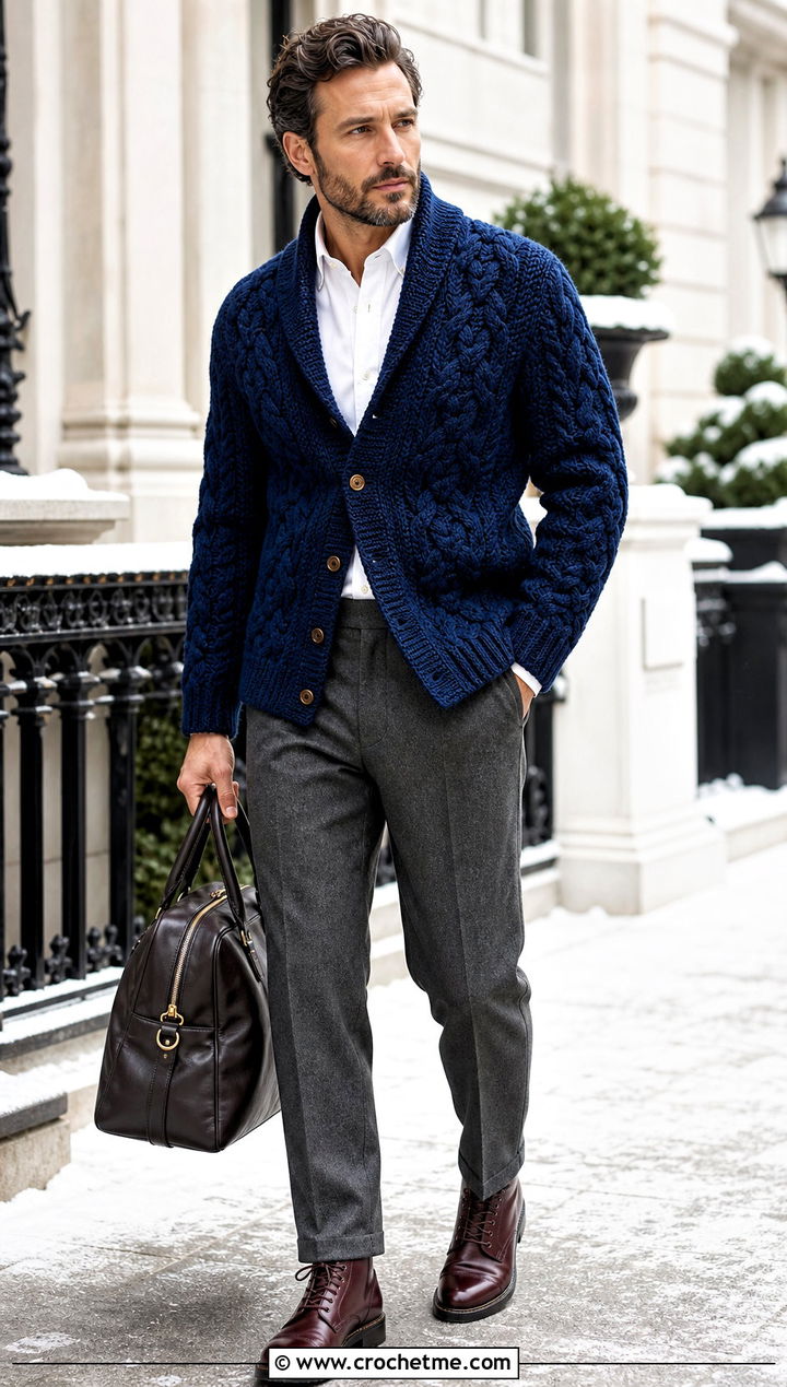 Cable Look Crochet Cardigan With Flannel Trousers - 30 crochet man cardigan outfit ideas