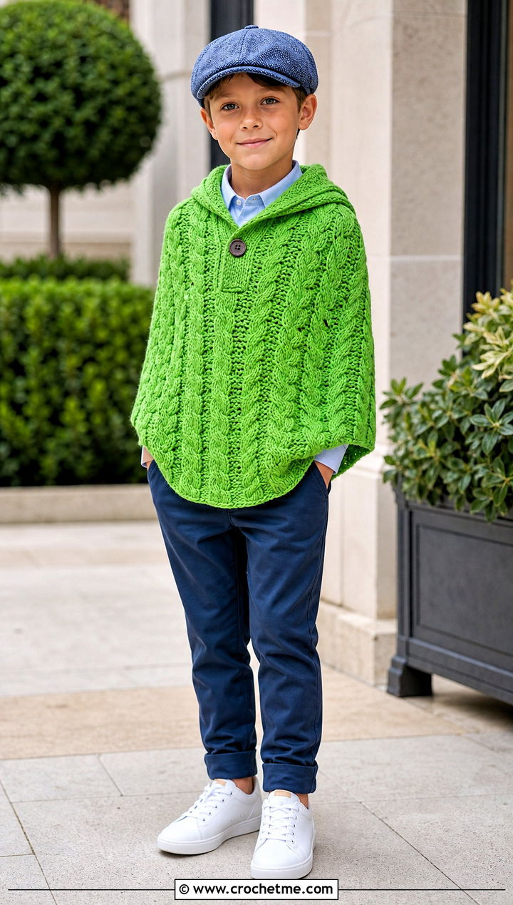 Cable Look Crochet Carseat Poncho With Chinos - 25 Crochet Carseat Poncho outfit ideas