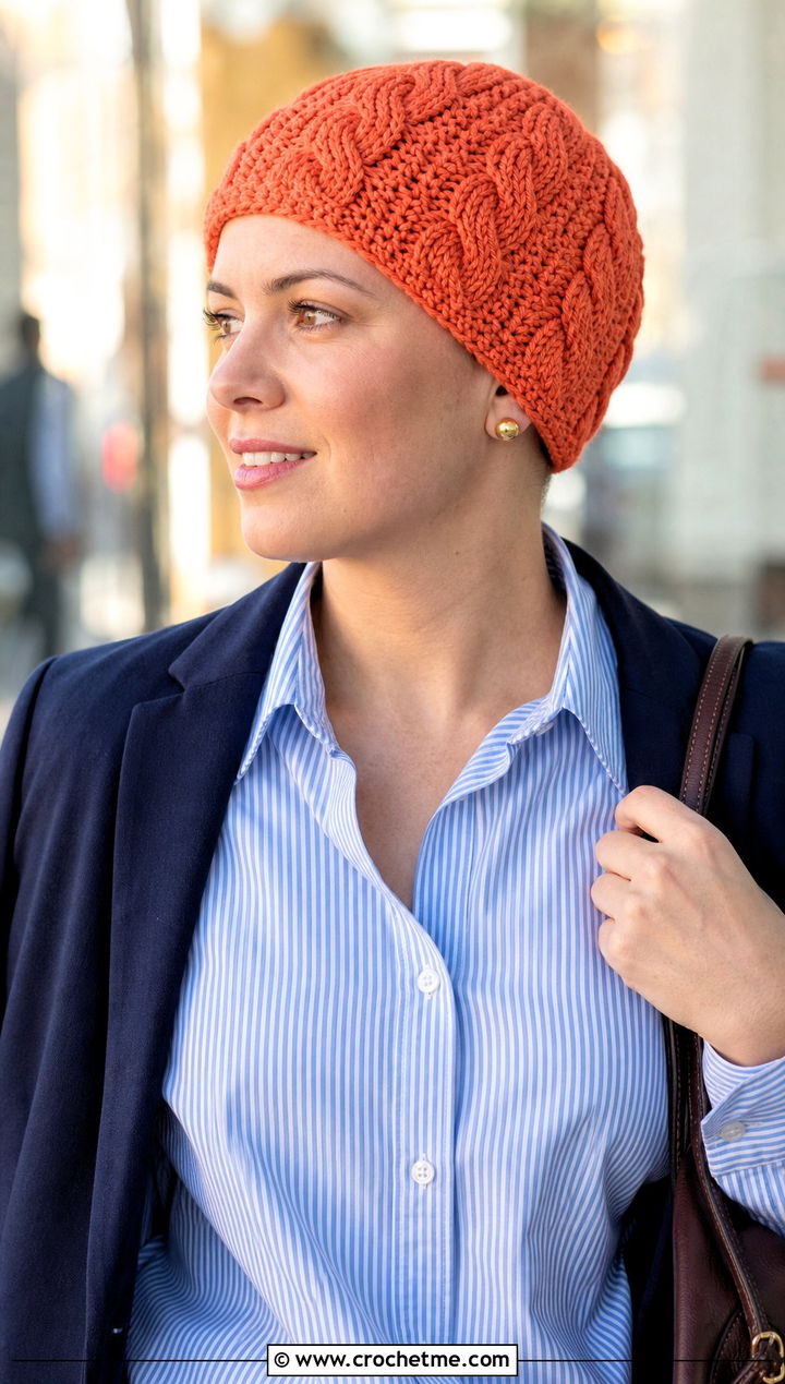Cable Look Crochet Chemo Cap With Striped Shirt - 30 crochet chemo hat outfit ideas