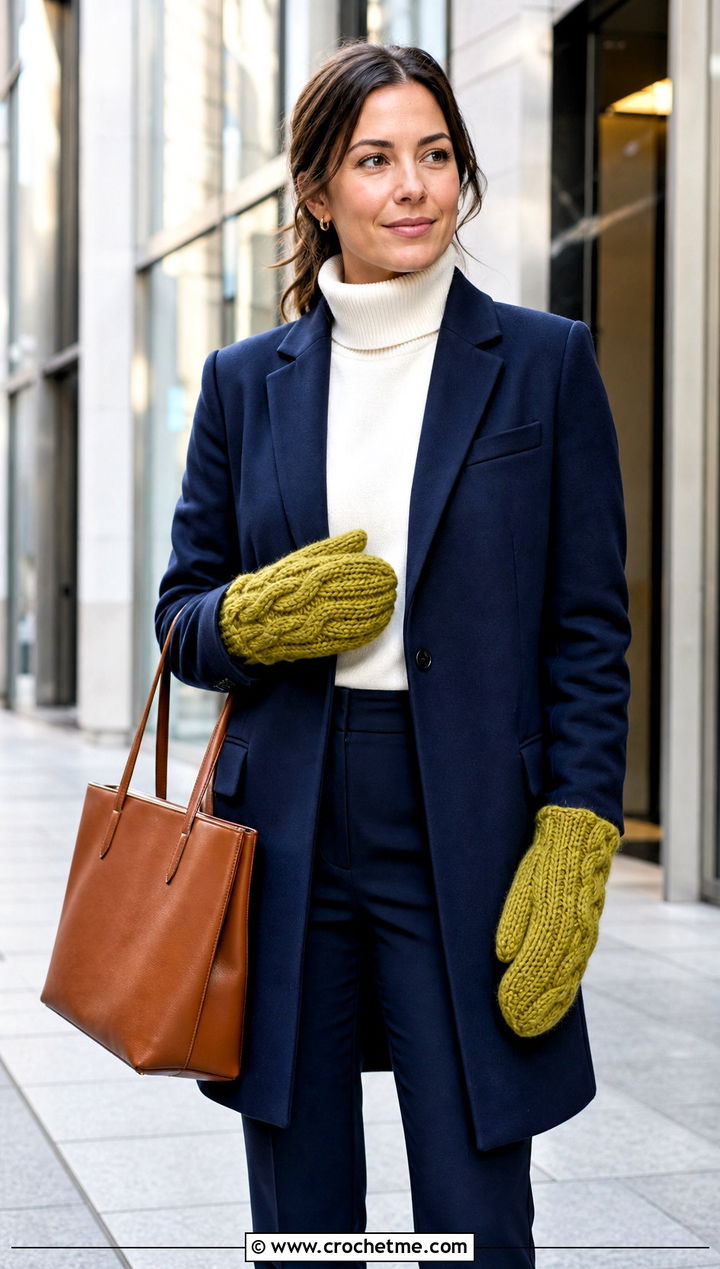 Cable Look Crochet Chunky Mittens With Blazer - 30 crochet chunky mittens outfit ideas