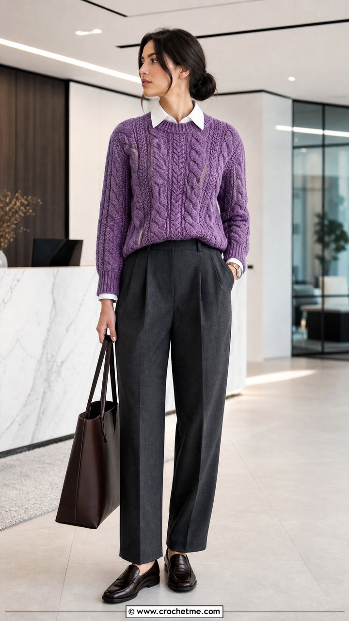 Cable Look Crochet Chunky Sweater With Pleated Trousers - 35 crochet chunky sweater outfit ideas