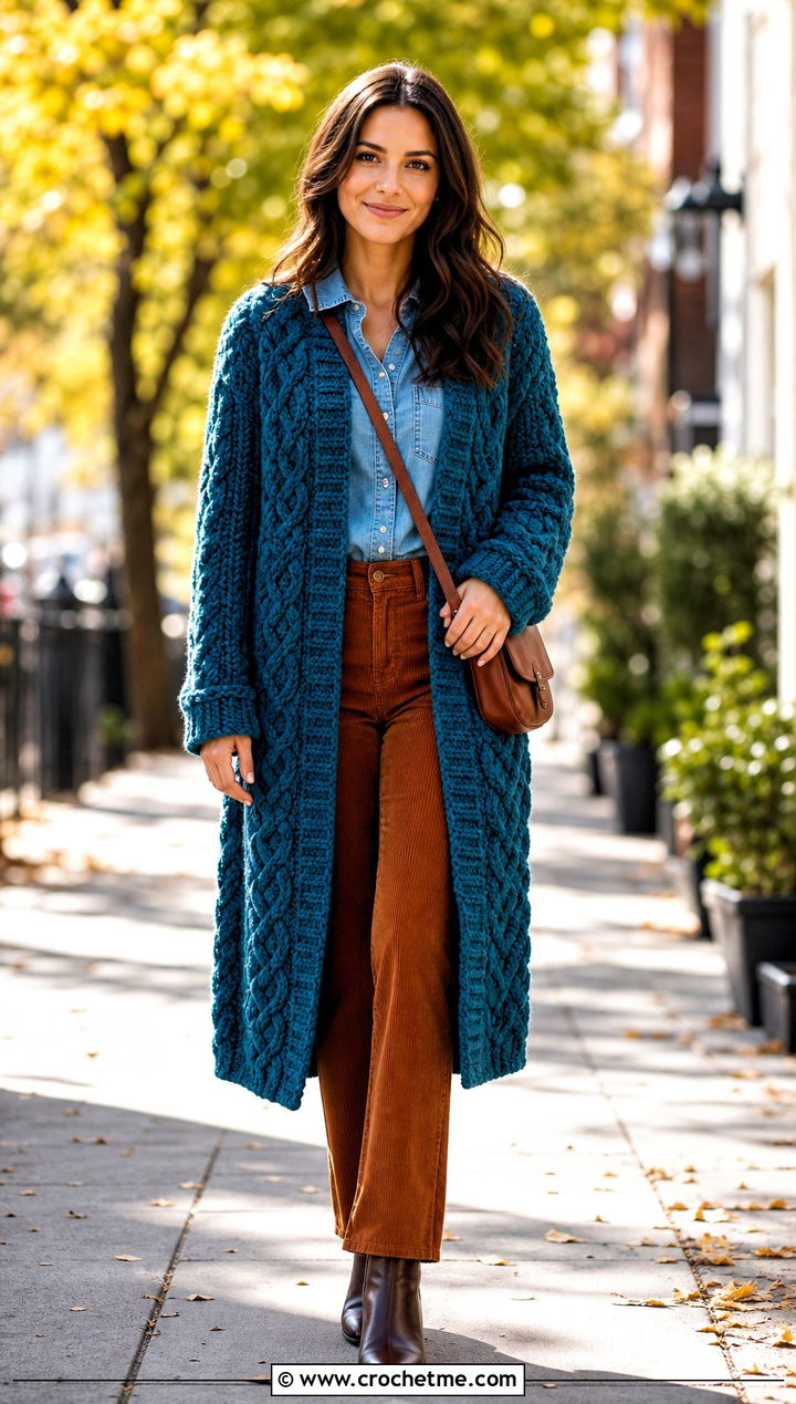 Cable Look Crochet Coat With Corduroy Pants - 35 crochet long coat outfit ideas