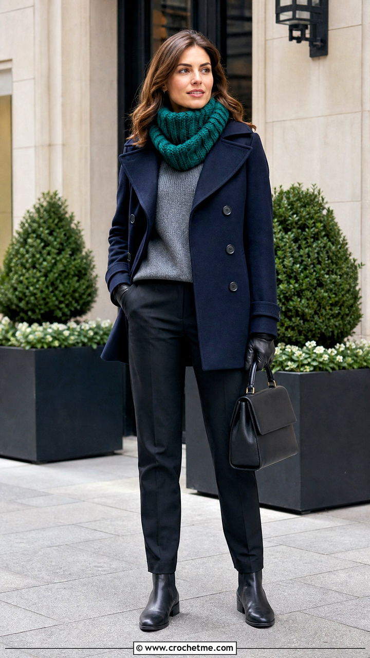 Cable Look Crochet Cowl Scarf With Peacoat - 35 crochet cowell scarf outfit ideas