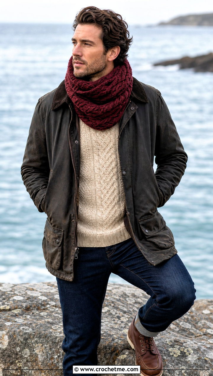 Cable Look Crochet Cowl With Fisherman Sweater - 30 crochet cowl for men outfit ideas