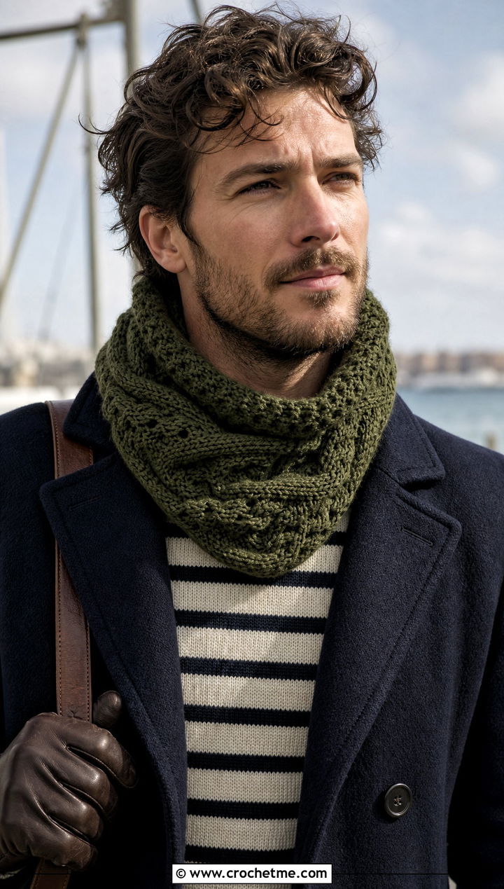 Cable Look Crochet Cowl With Peacoat - 25 Men Crochet Cowl outfit ideas