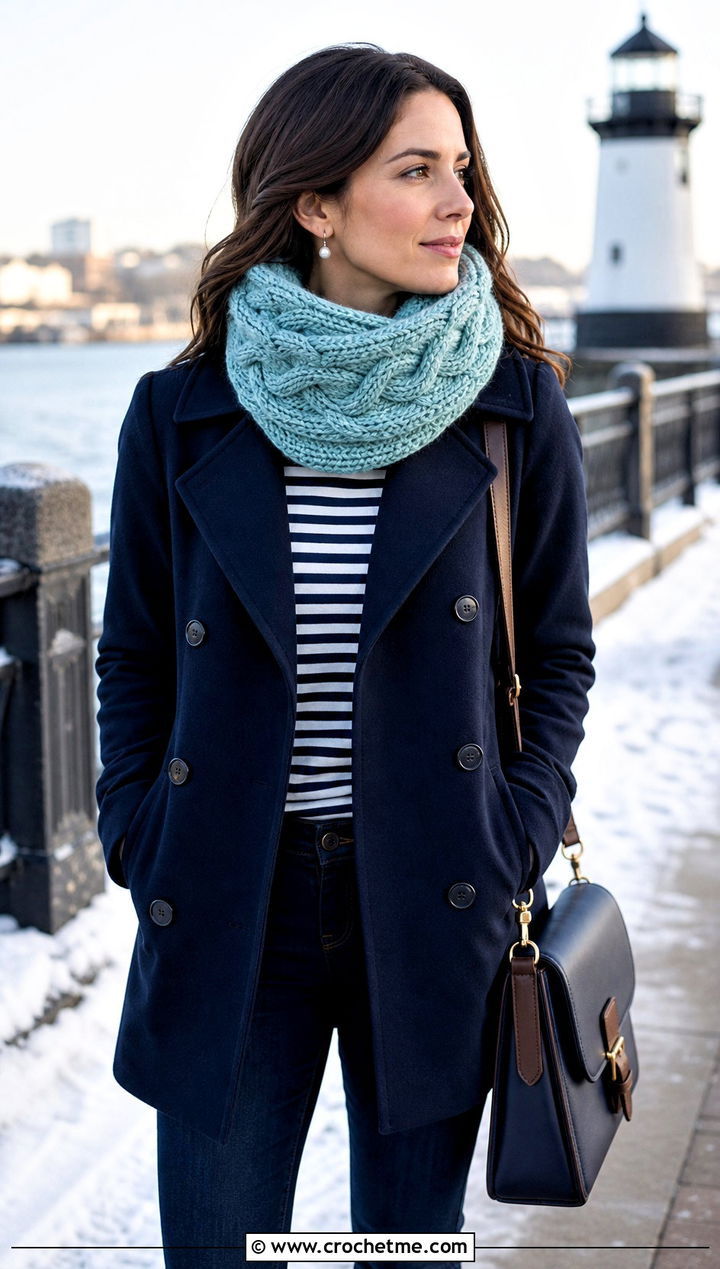 Cable Look Crochet Cowl With Peacoat - 25 cowl crochet scarf outfit ideas