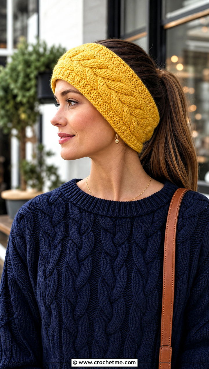 Cable Look Crochet Ear Warmer With Cable Sweater - 25 Beginner Crochet Ear Warmer outfit ideas