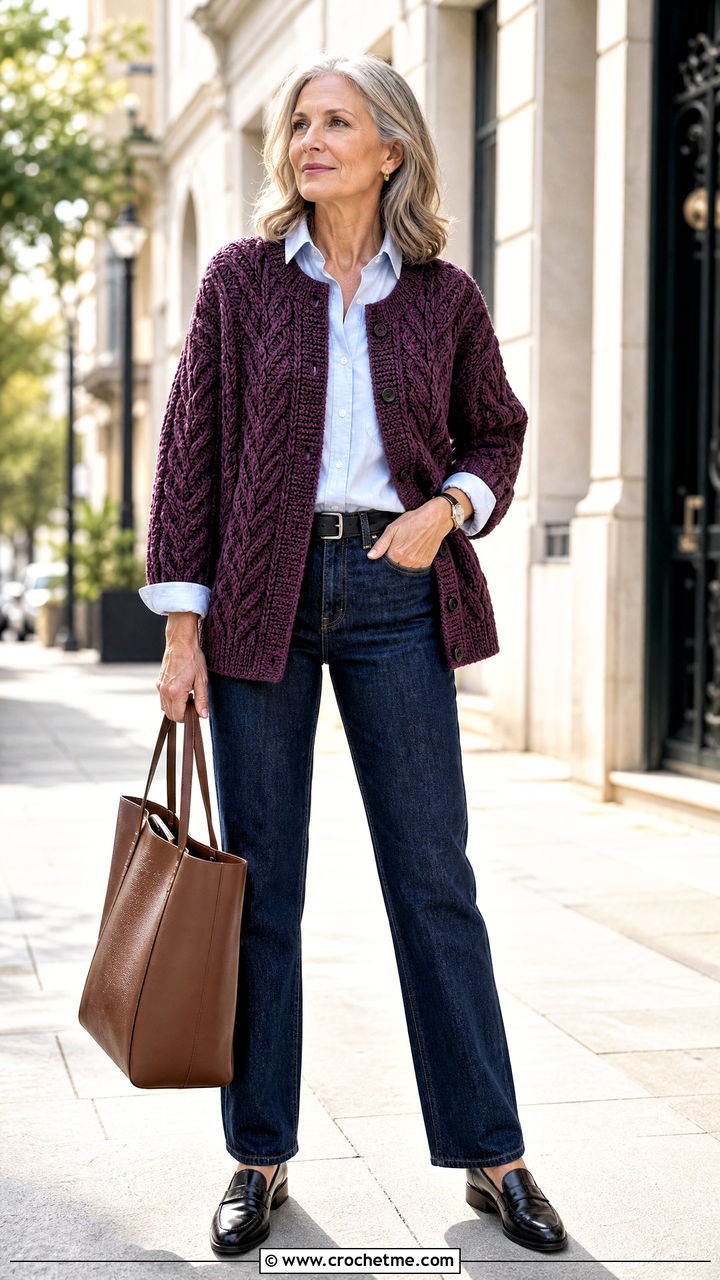 Cable Look Crochet Fall Cardigan With Dark Jeans - 35 crochet fall cardigan outfit ideas