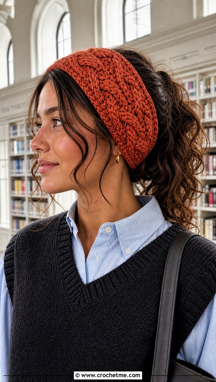 Cable Look Crochet Headband With Sweater Vest - 30 crochet headband curly hair outfit ideas
