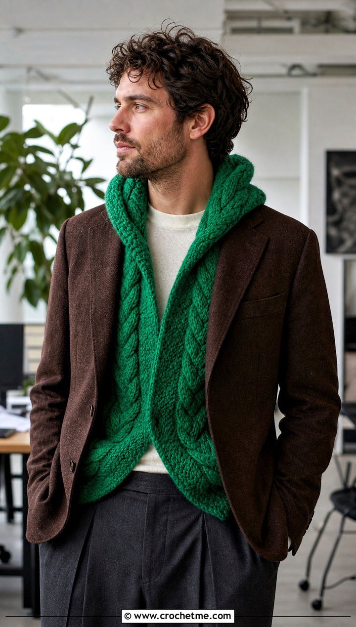 Cable Look Crochet Hooded Scarf With Blazer - 20 Crochet Hooded Scarf For Men outfit ideas