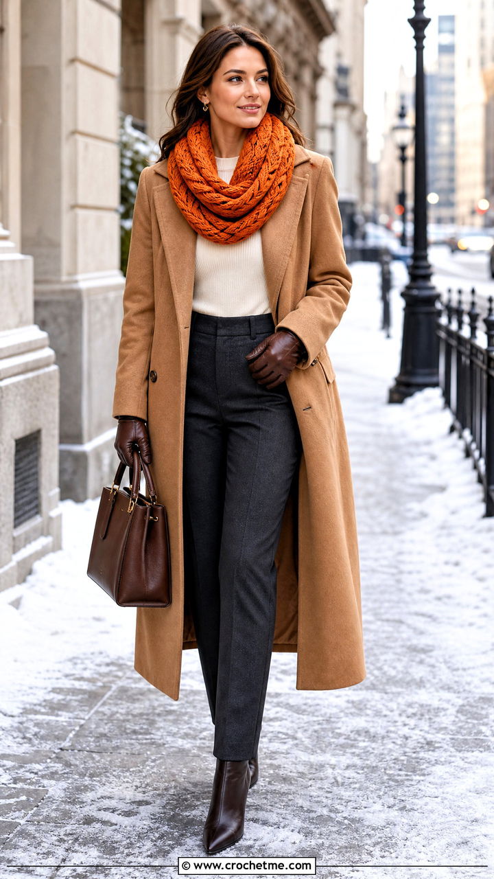 Cable Look Crochet Infinity Scarf With Wool Coat - 35 crochet infinity scarf outfit ideas