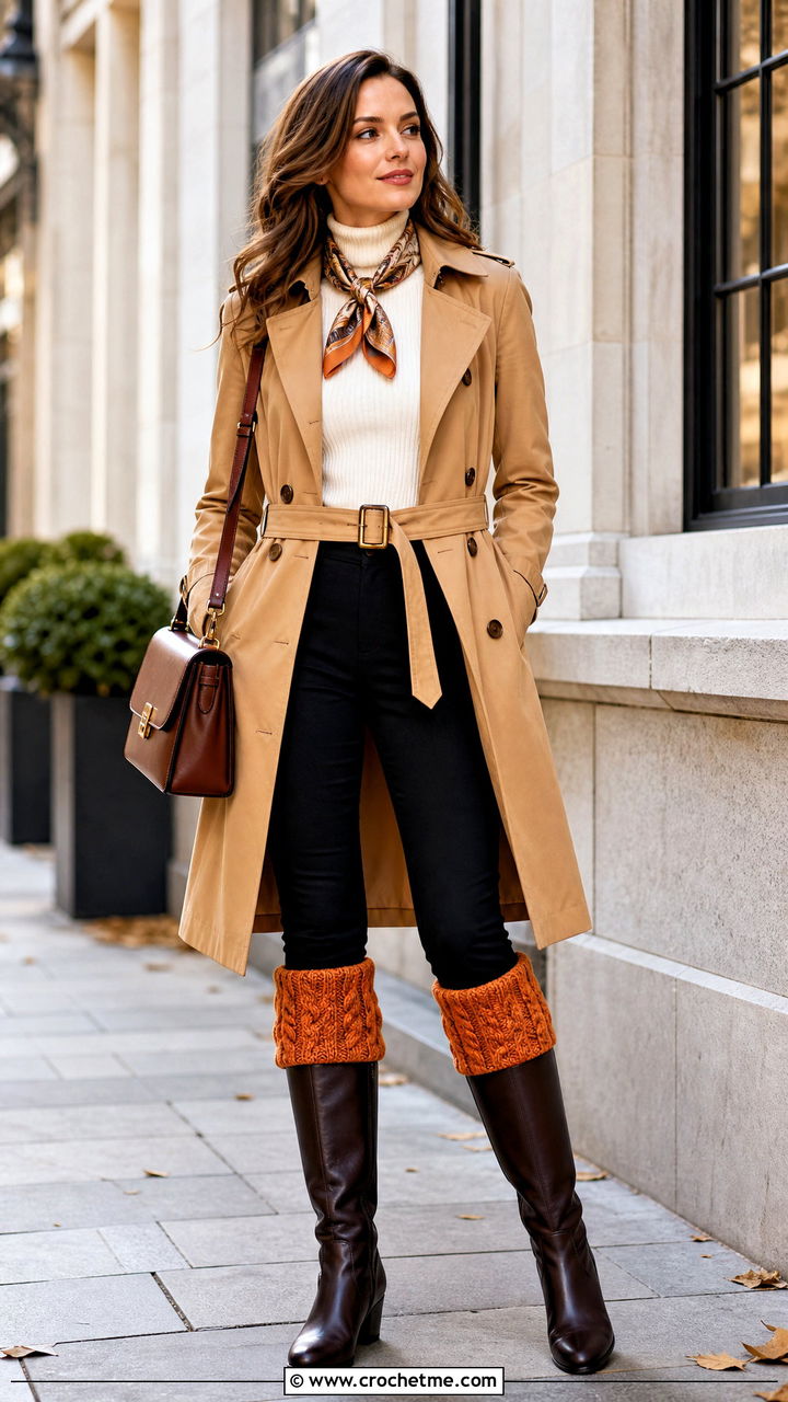 Cable Look Crochet Legwarmers With Trench Coat And Riding Boots - 35 crochet legwarmers outfit ideas