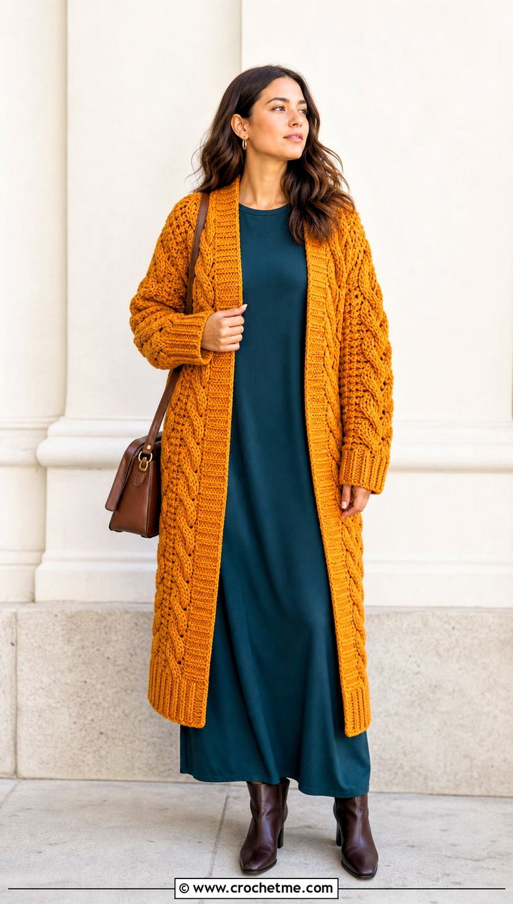 Cable Look Crochet Long Sleeve Cardigan With Maxi Dress - 25 Crochet Long Sleeve Cardigan outfit ideas