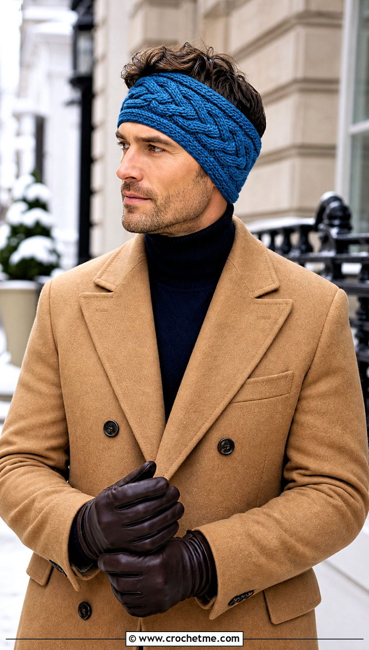 Cable Look Crochet Mens Ear Warmer With Peacoat - 25 Crochet Mens Ear Warmer outfit ideas