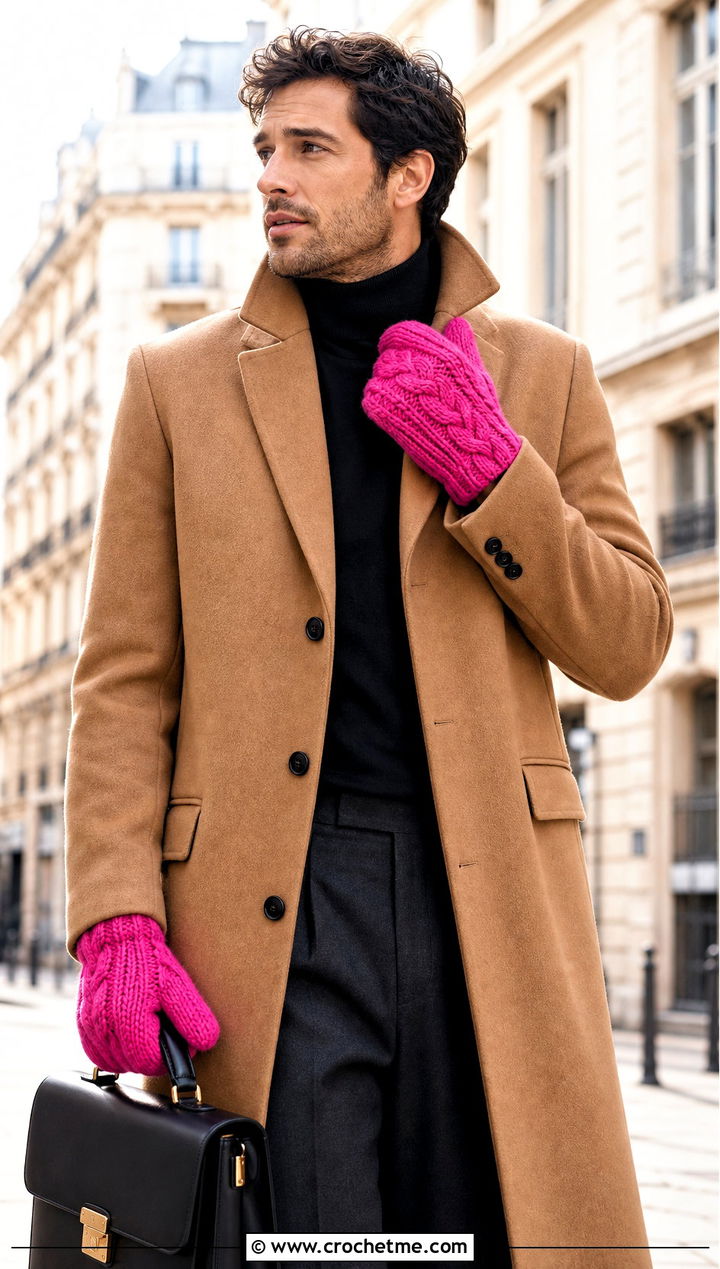 Cable Look Crochet Mittens With Wool Overcoat - 25 crochet mittens for men outfit ideas