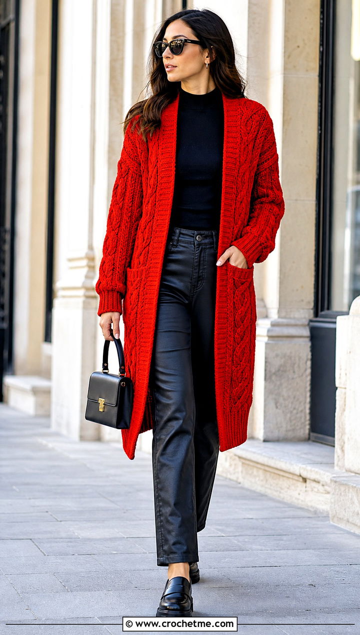 Cable Look Crochet One Piece Cardigan With Coated Jeans - 30 crochet one piece cardigan outfit ideas