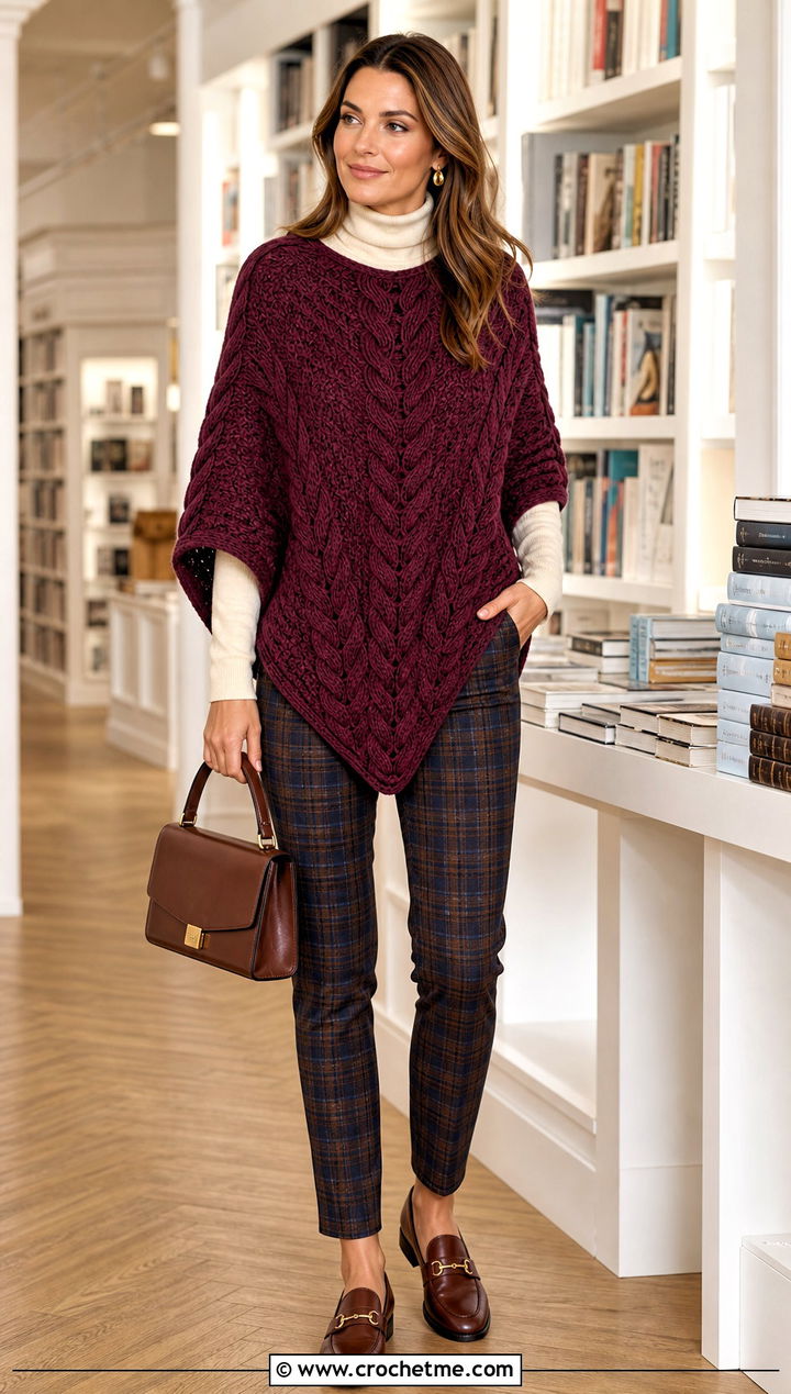 Cable Look Crochet Poncho Sweater With Plaid Trousers - 35 crochet poncho sweater outfit ideas