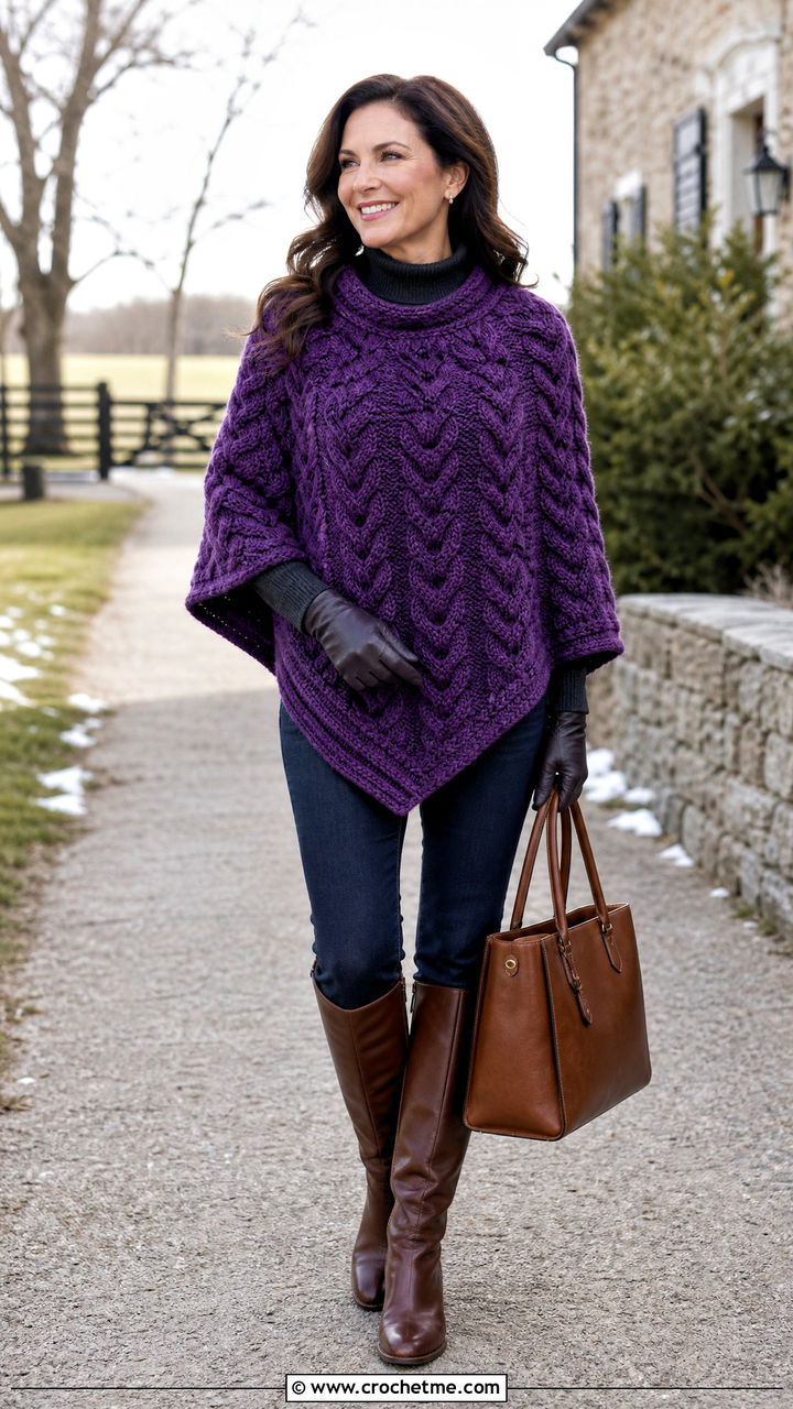 Cable Look Crochet Poncho With Riding Boots - 35 crochet ponchos outfit ideas